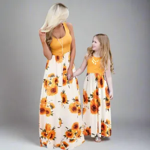 Matching Mommy & Me Sunflower Maxi Dresses  Sleeveless Floral Print Summer Dress