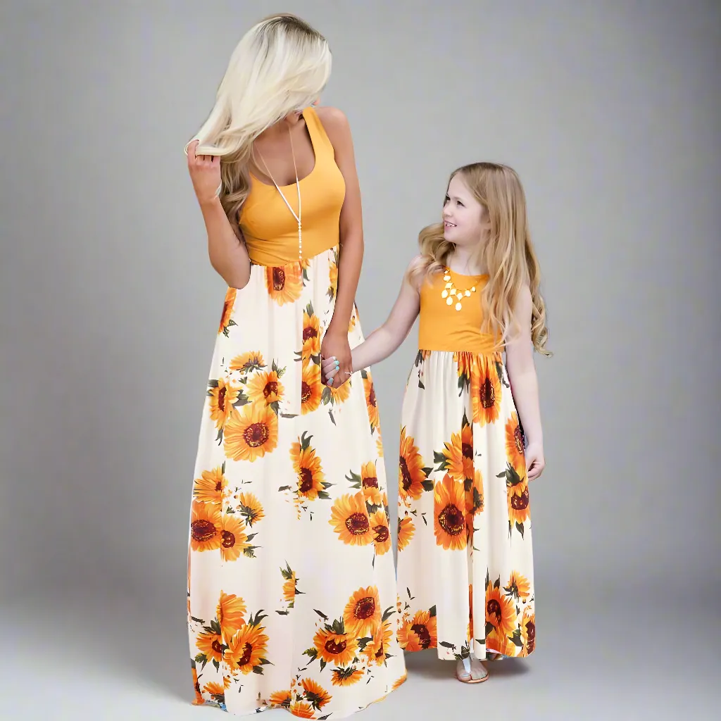 Matching Mommy & Me Sunflower Maxi Dresses  Sleeveless Floral Print Summer Dress