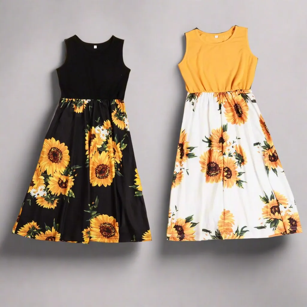 Matching Mommy & Me Sunflower Maxi Dresses  Sleeveless Floral Print Summer Dress