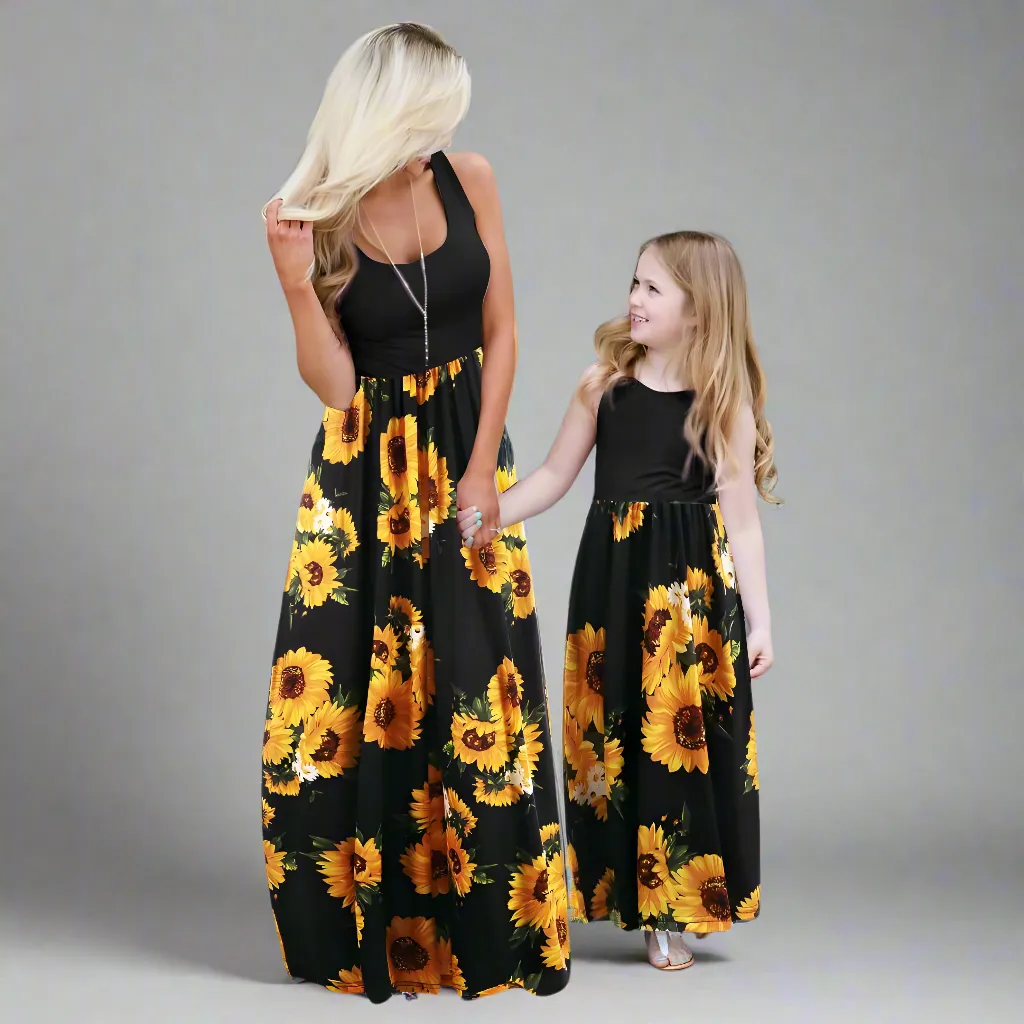 Matching Mommy & Me Sunflower Maxi Dresses  Sleeveless Floral Print Summer Dress