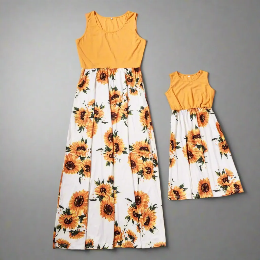 Matching Mommy & Me Sunflower Maxi Dresses  Sleeveless Floral Print Summer Dress