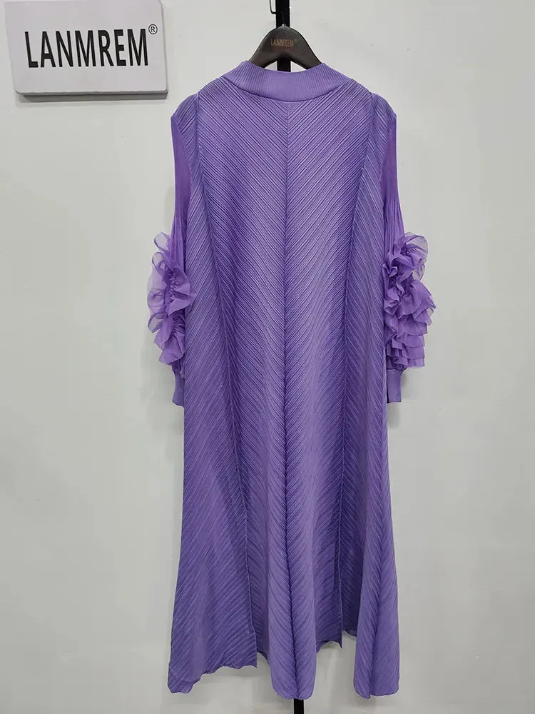 Maxi Pleated Dress Round Neck Spliced Frill Long Sleeve Dresses For Women