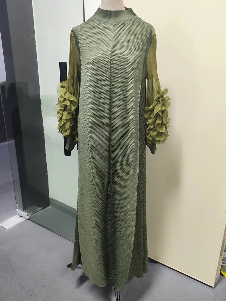 Maxi Pleated Dress Round Neck Spliced Frill Long Sleeve Dresses For Women
