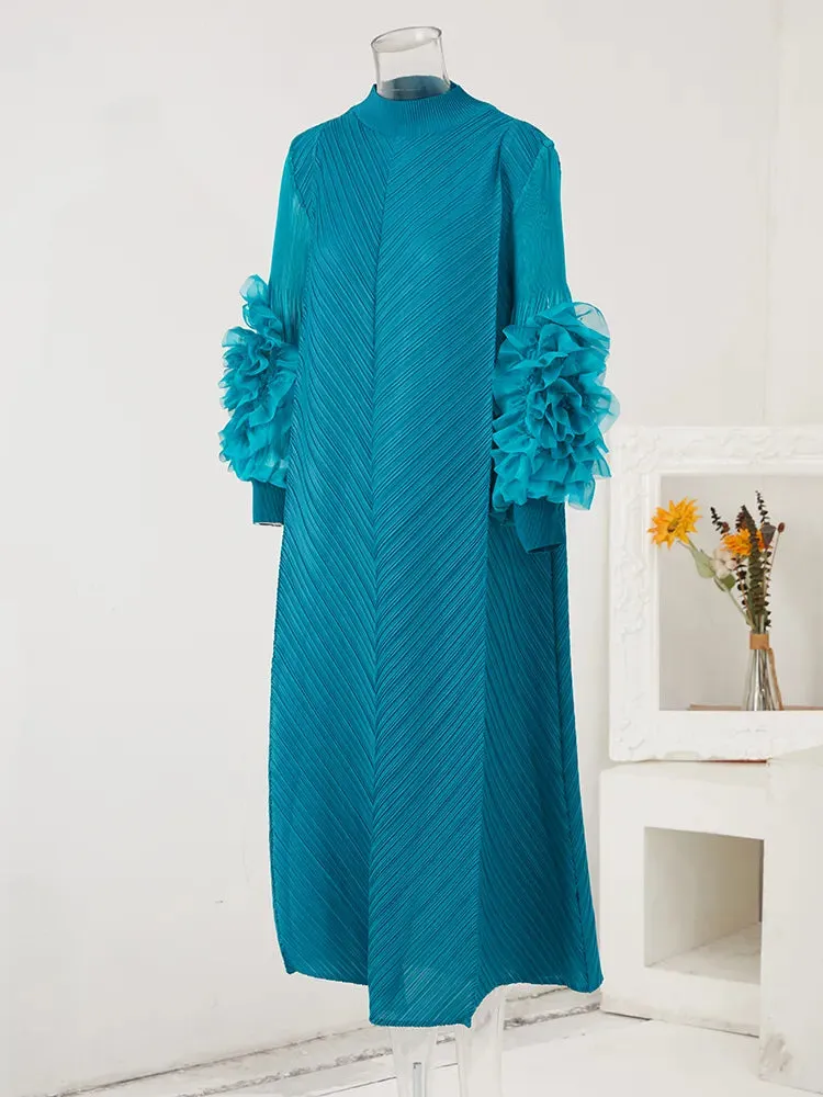 Maxi Pleated Dress Round Neck Spliced Frill Long Sleeve Dresses For Women