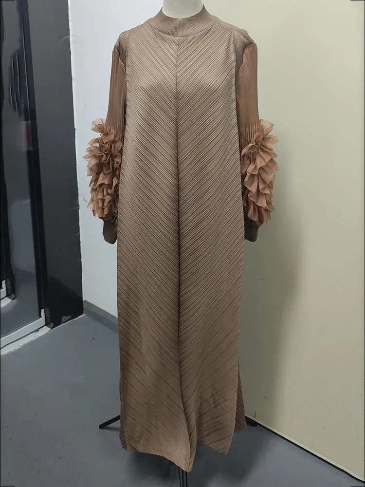 Maxi Pleated Dress Round Neck Spliced Frill Long Sleeve Dresses For Women