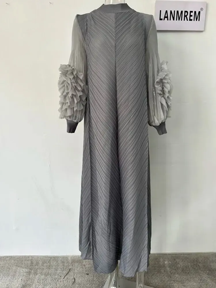 Maxi Pleated Dress Round Neck Spliced Frill Long Sleeve Dresses For Women