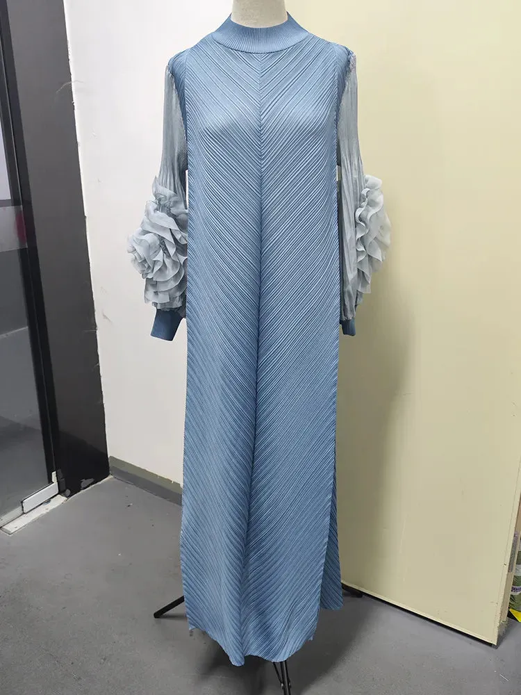 Maxi Pleated Dress Round Neck Spliced Frill Long Sleeve Dresses For Women