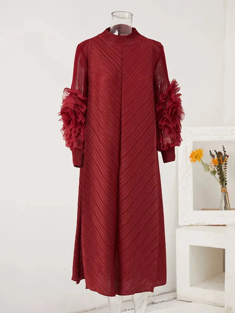 Maxi Pleated Dress Round Neck Spliced Frill Long Sleeve Dresses For Women