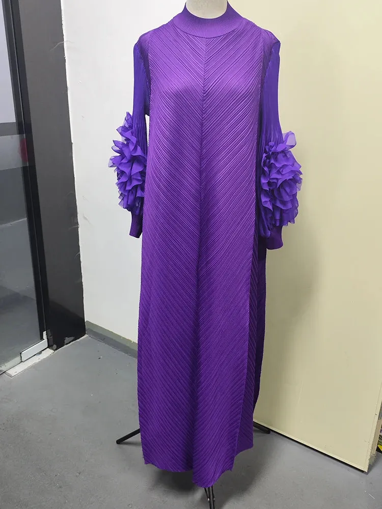 Maxi Pleated Dress Round Neck Spliced Frill Long Sleeve Dresses For Women