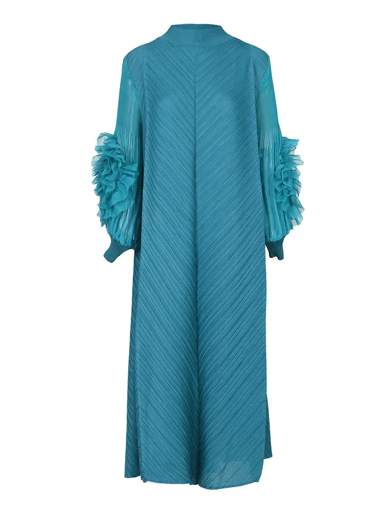 Maxi Pleated Dress Round Neck Spliced Frill Long Sleeve Dresses For Women