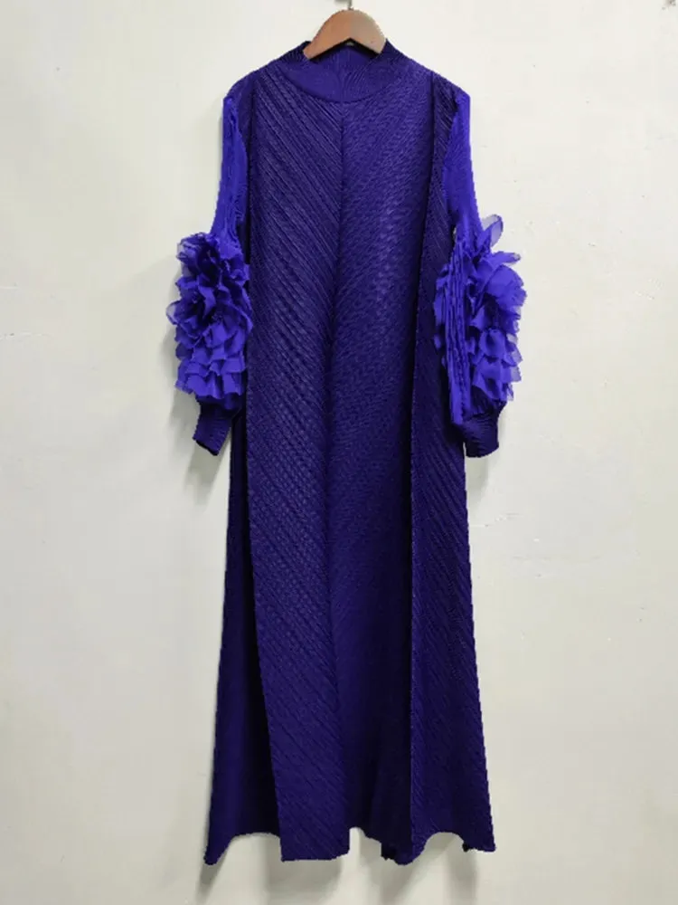 Maxi Pleated Dress Round Neck Spliced Frill Long Sleeve Dresses For Women