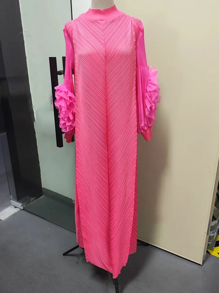 Maxi Pleated Dress Round Neck Spliced Frill Long Sleeve Dresses For Women