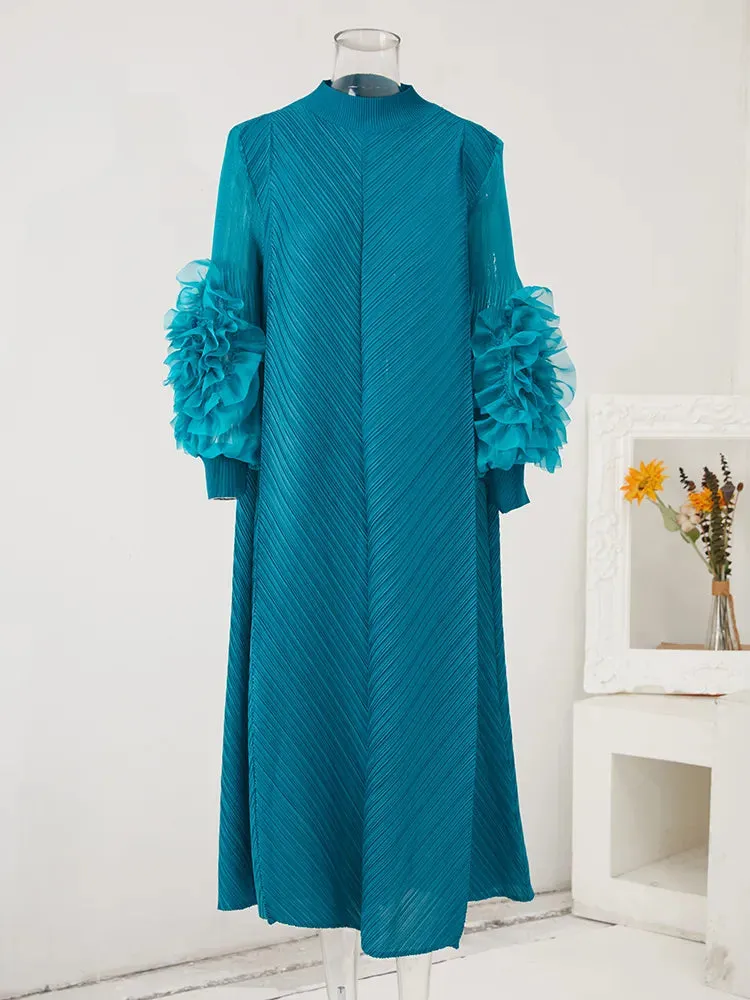 Maxi Pleated Dress Round Neck Spliced Frill Long Sleeve Dresses For Women