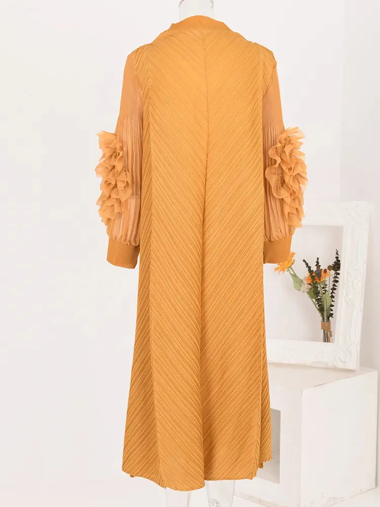 Maxi Pleated Dress Round Neck Spliced Frill Long Sleeve Dresses For Women