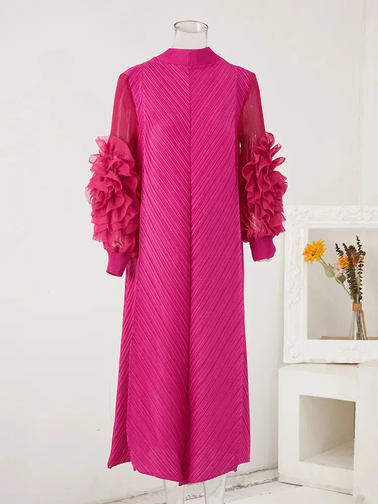 Maxi Pleated Dress Round Neck Spliced Frill Long Sleeve Dresses For Women