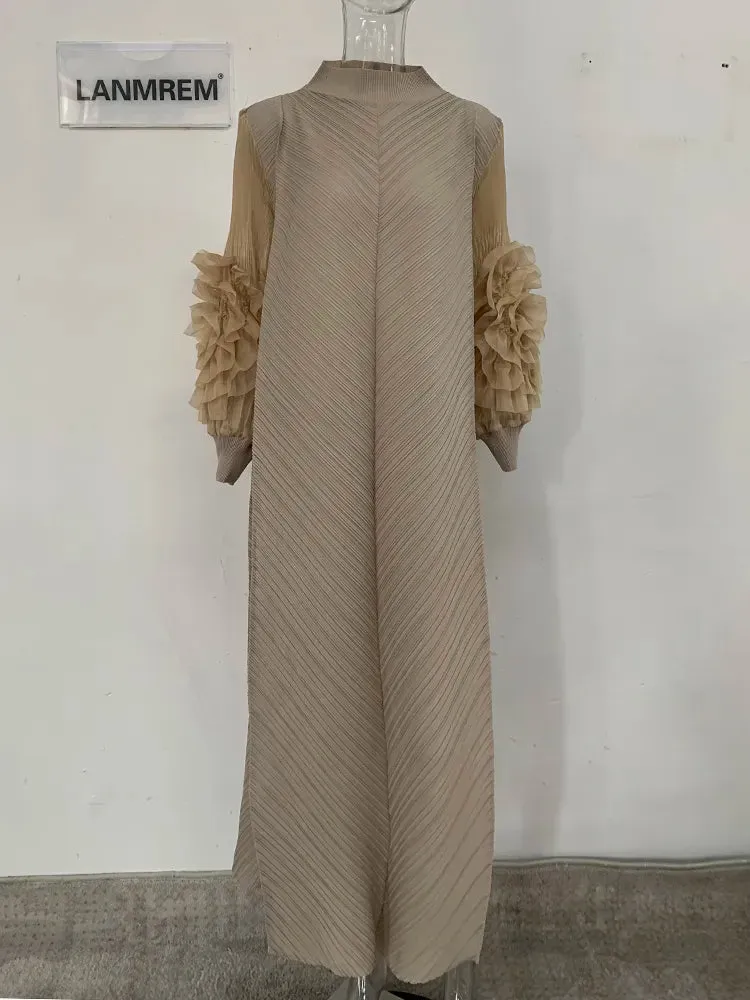Maxi Pleated Dress Round Neck Spliced Frill Long Sleeve Dresses For Women