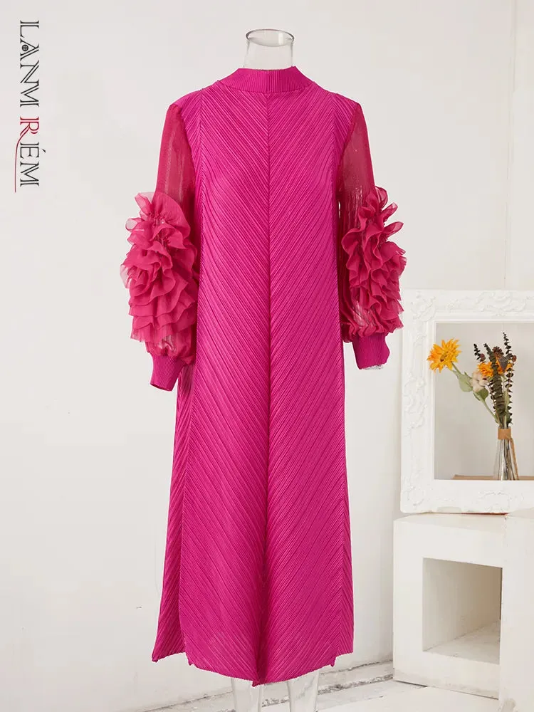 Maxi Pleated Dress Round Neck Spliced Frill Long Sleeve Dresses For Women