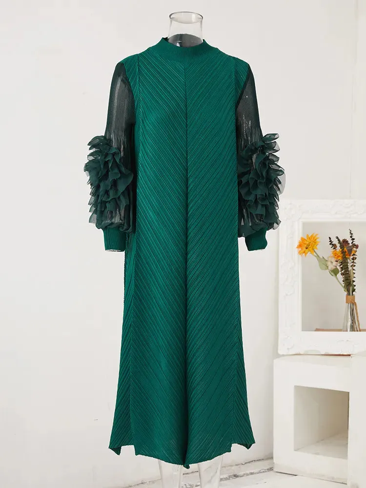 Maxi Pleated Dress Round Neck Spliced Frill Long Sleeve Dresses For Women