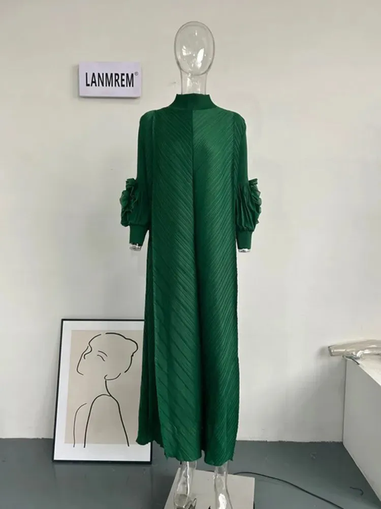 Maxi Pleated Dress Round Neck Spliced Frill Long Sleeve Dresses For Women