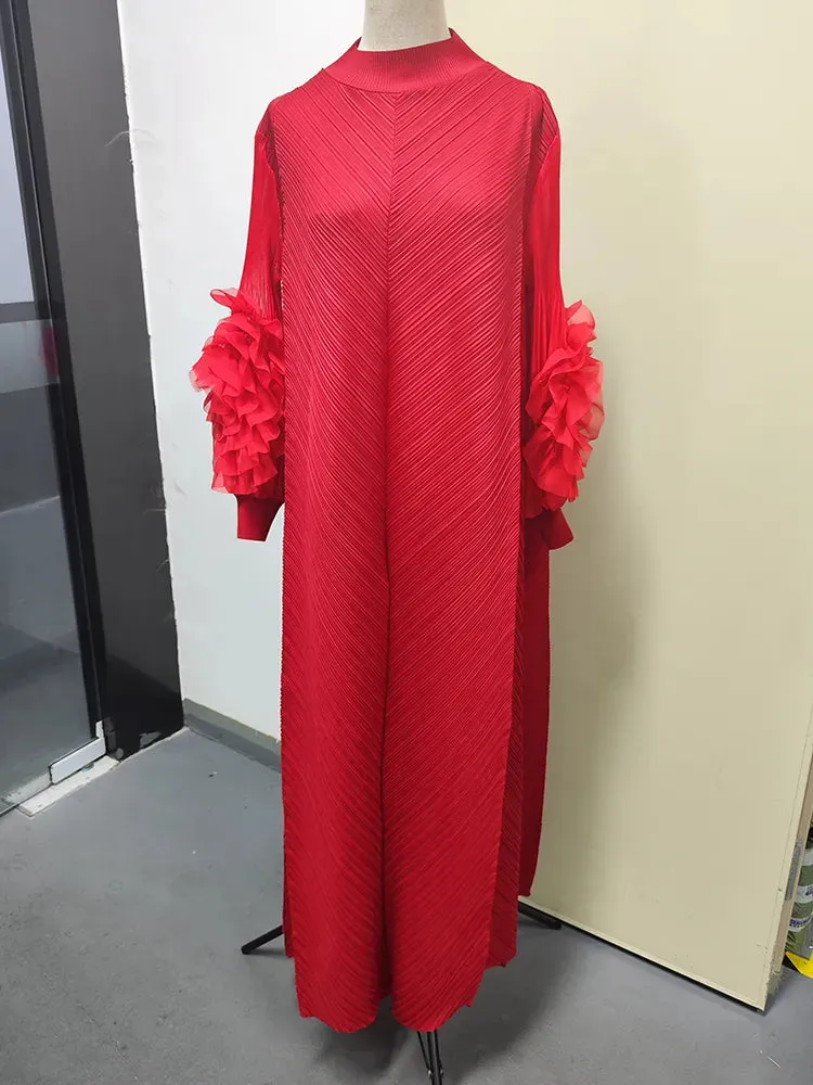 Maxi Pleated Dress Round Neck Spliced Frill Long Sleeve Dresses For Women