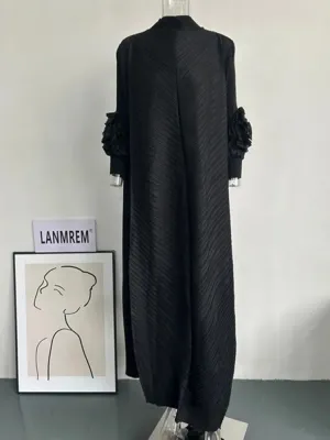 Maxi Pleated Dress Round Neck Spliced Frill Long Sleeve Dresses For Women