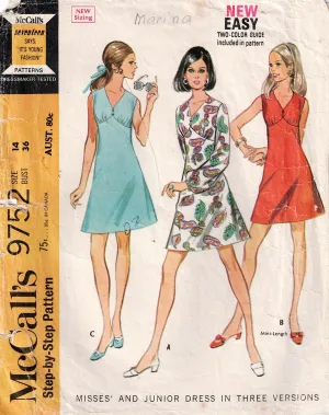 McCall's 9752 Womens High Waisted Shift Dress 1960s Vintage Sewing Pattern Size 14 Bust 36 inches