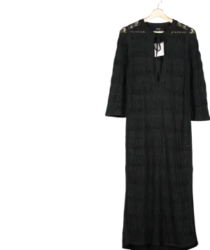 ME EM Black Linen Lace Stitch Beach Maxi Dress UK S
