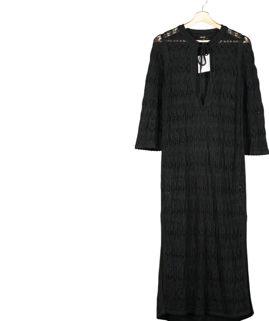 ME EM Black Linen Lace Stitch Beach Maxi Dress UK S