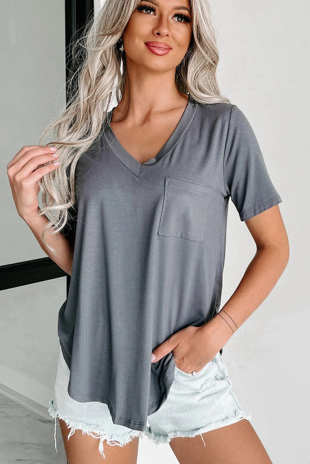 Medium Grey V Neck Pocketed Rounded Hem Tee