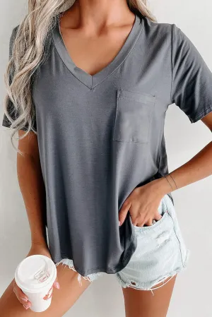 Medium Grey V Neck Pocketed Rounded Hem Tee
