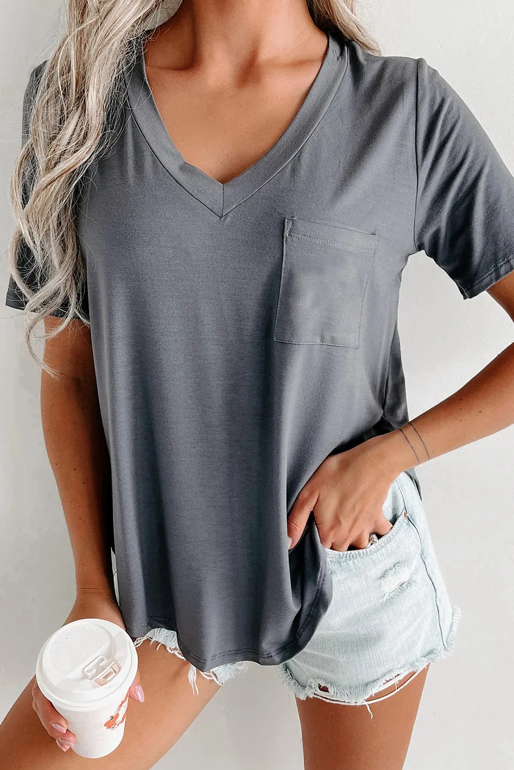 Medium Grey V Neck Pocketed Rounded Hem Tee