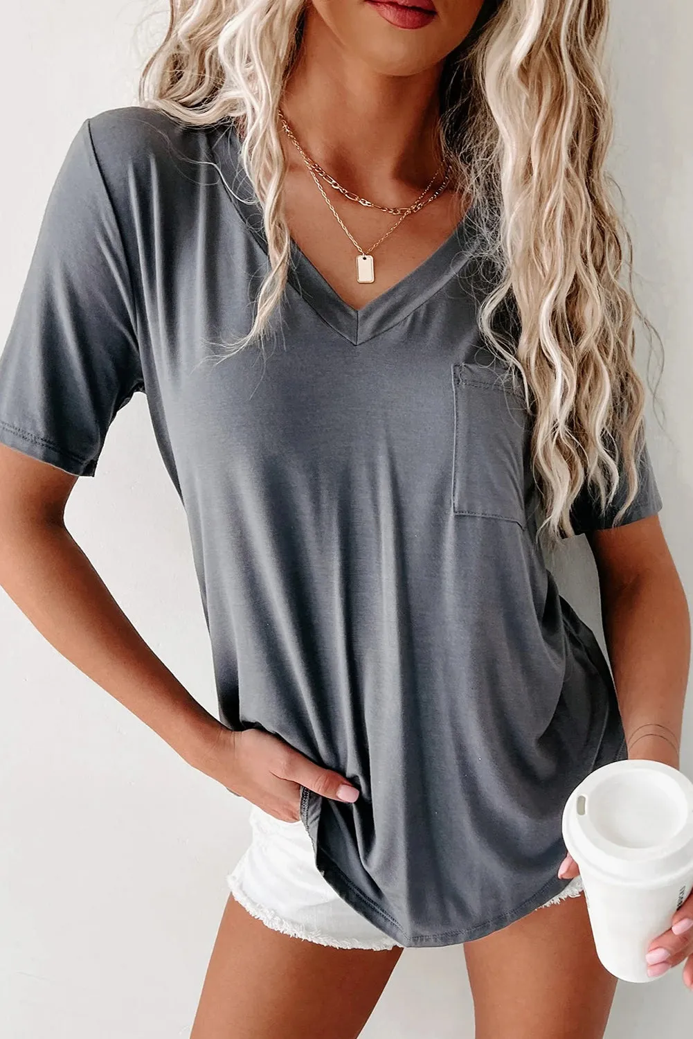 Medium Grey V Neck Pocketed Rounded Hem Tee