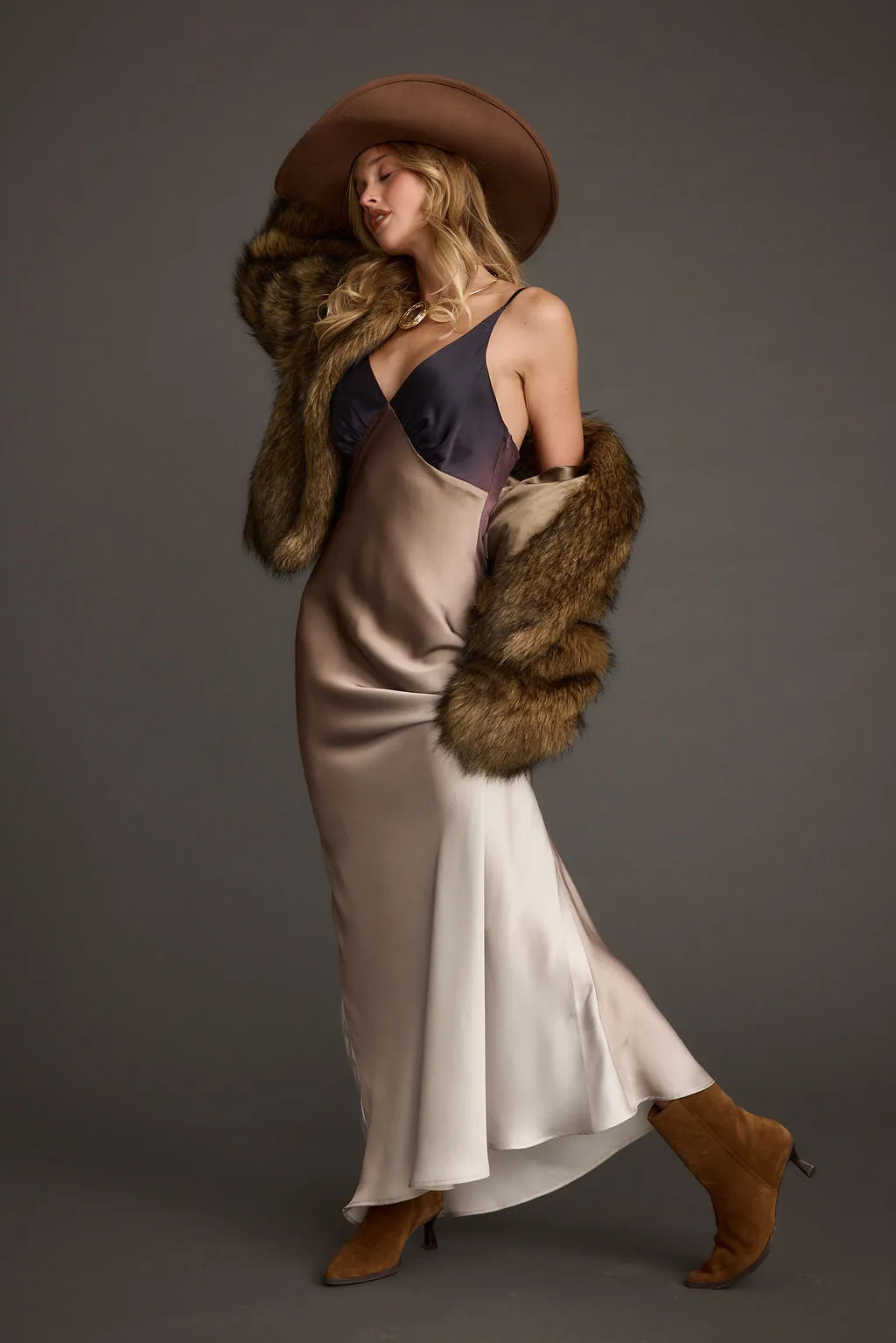 Mirabella Brown Satin Ombre Maxi Dress