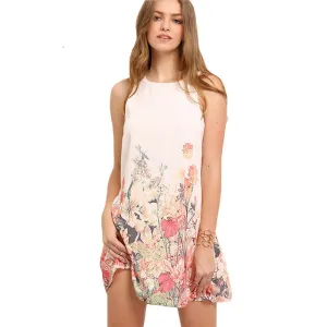 Multicolor Sleeveless Flower Print Dresses Womens Summer Round Neck Cut Out Cute Shift Dress