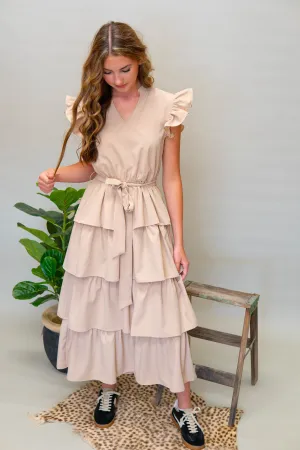 Natural Flutter Sleeve Belted Maxi Dress 1236D