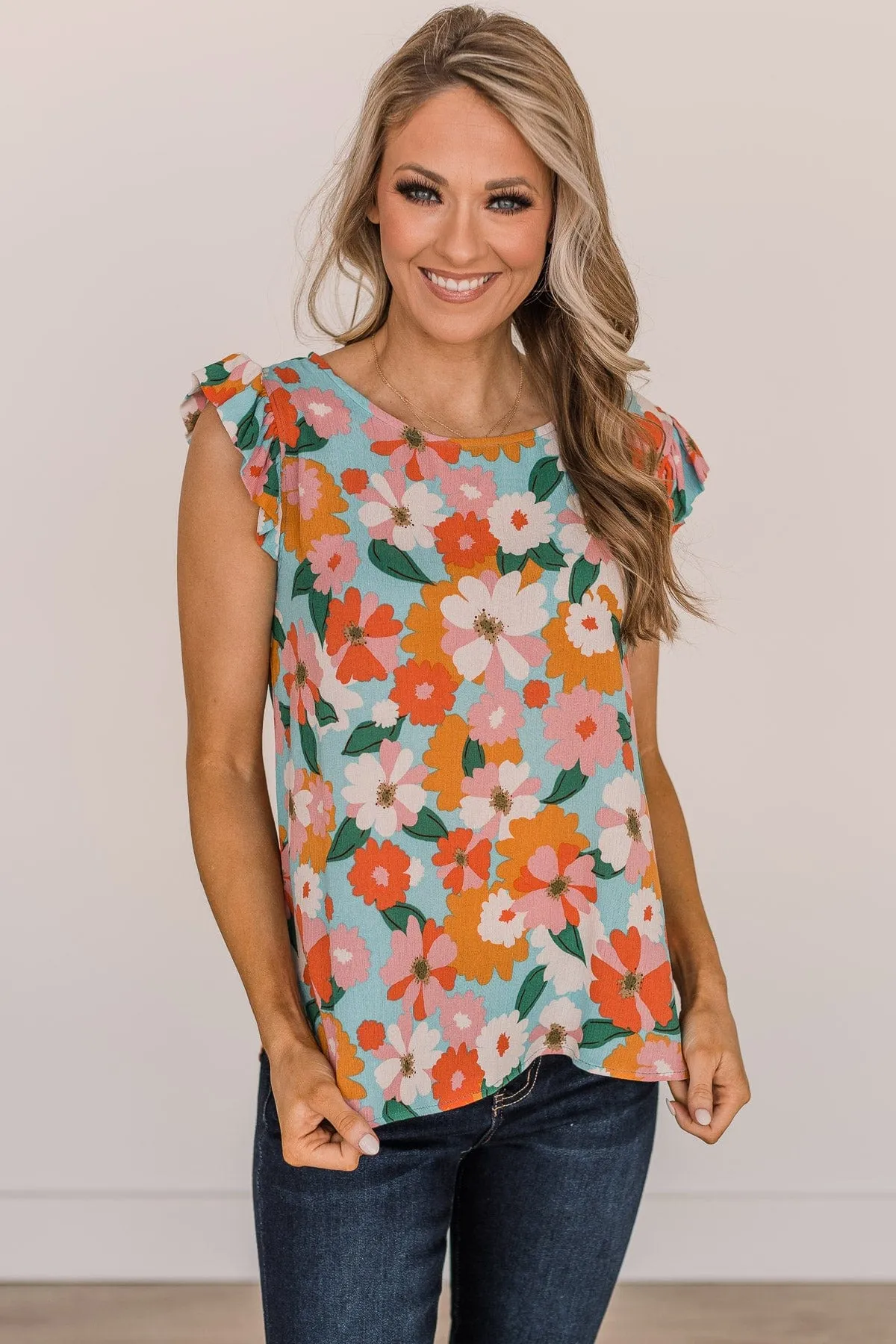No Comparison Floral Top- Blue, Pink, & Orange