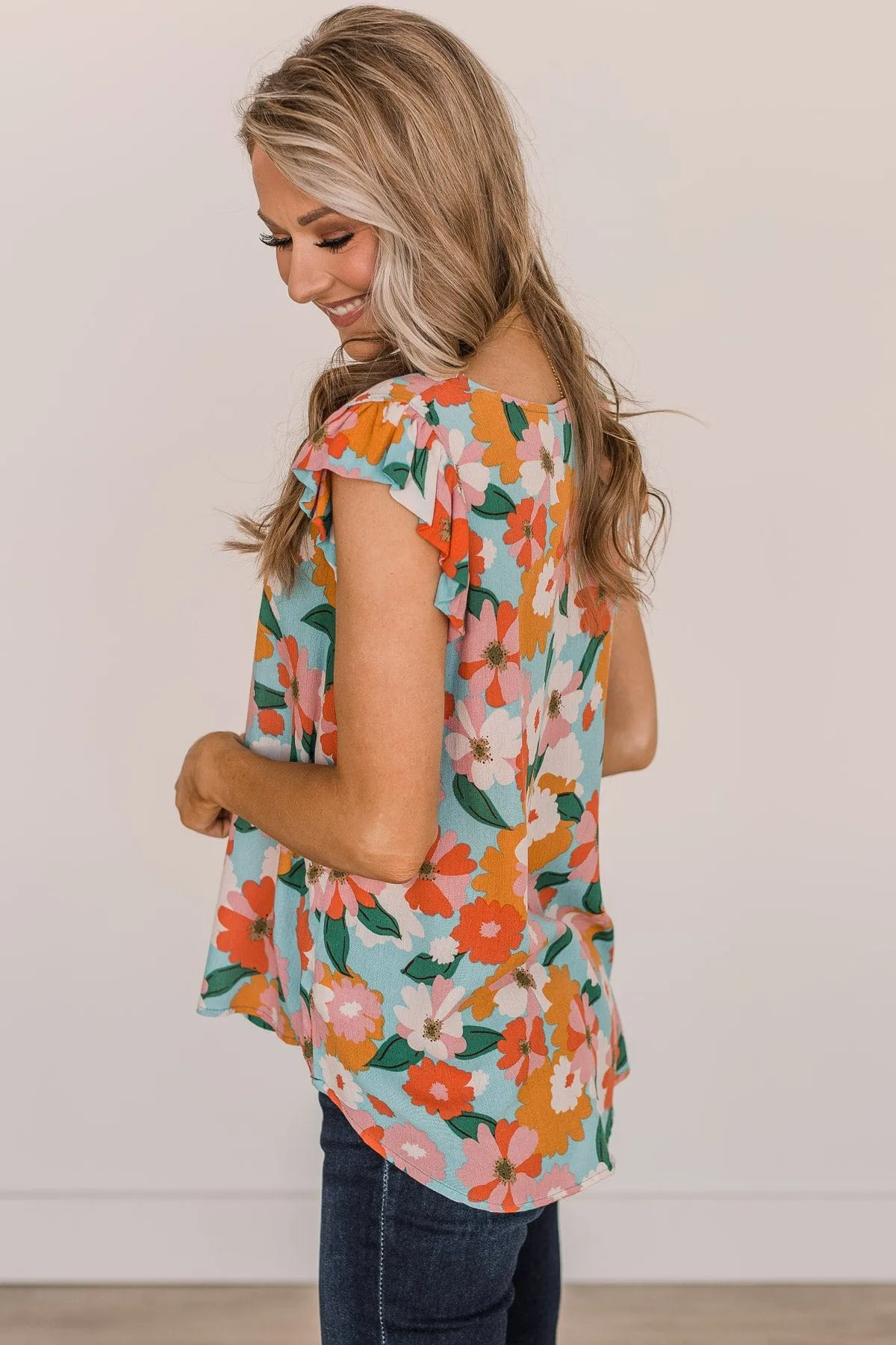 No Comparison Floral Top- Blue, Pink, & Orange