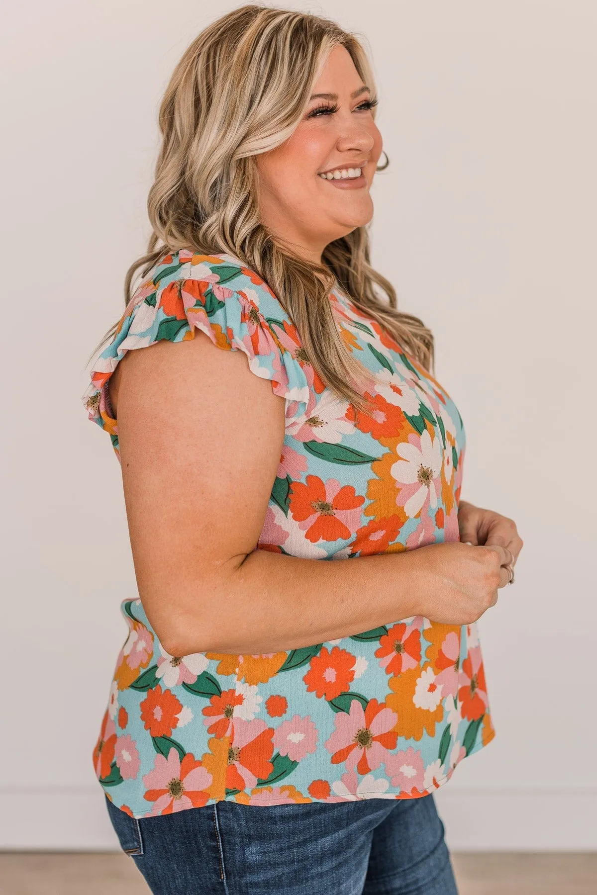No Comparison Floral Top- Blue, Pink, & Orange