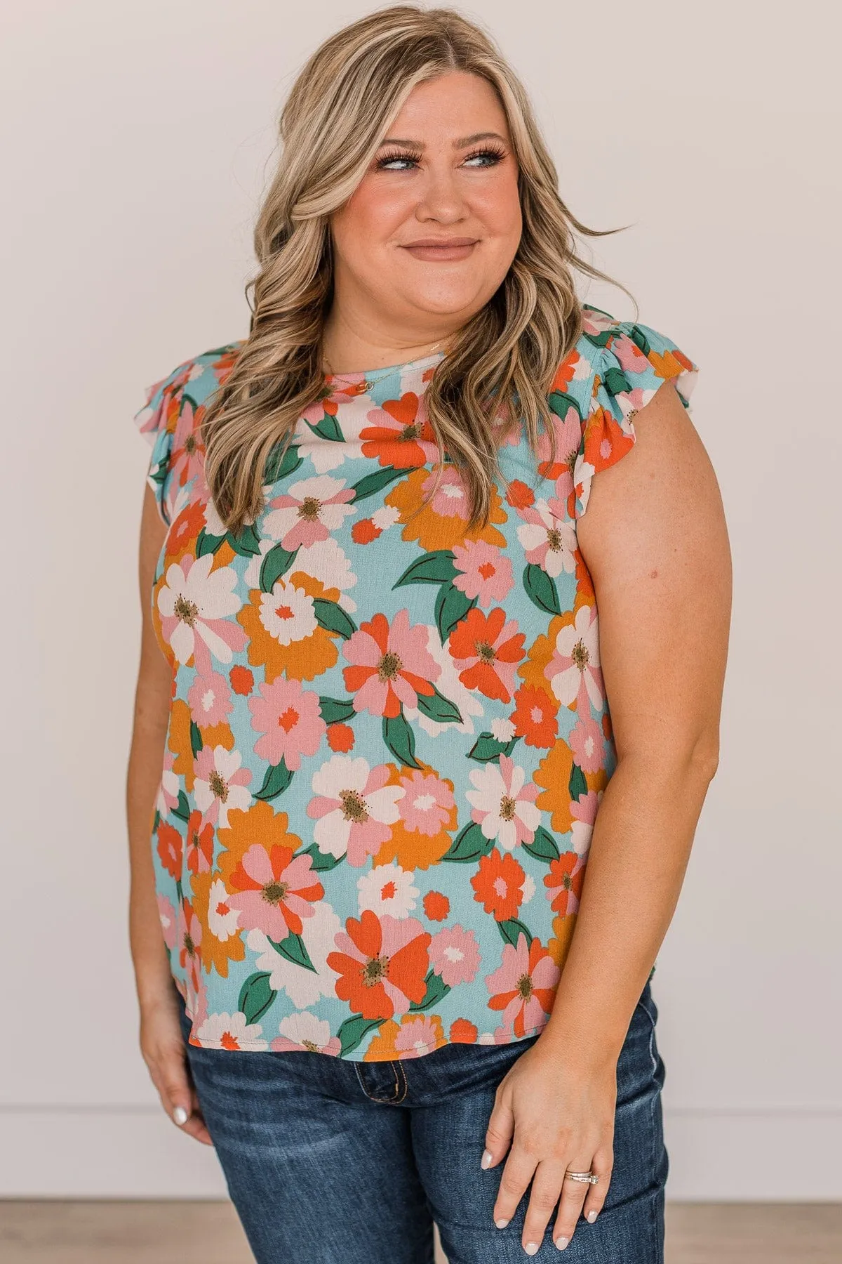 No Comparison Floral Top- Blue, Pink, & Orange