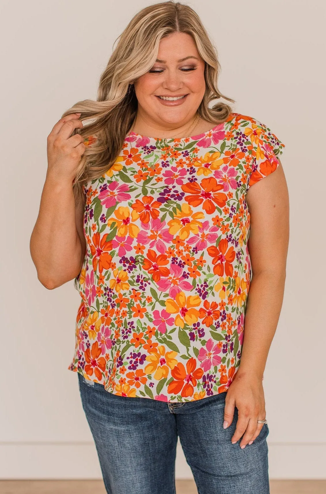 No Comparison Floral Top- Ivory, Pink, & Orange