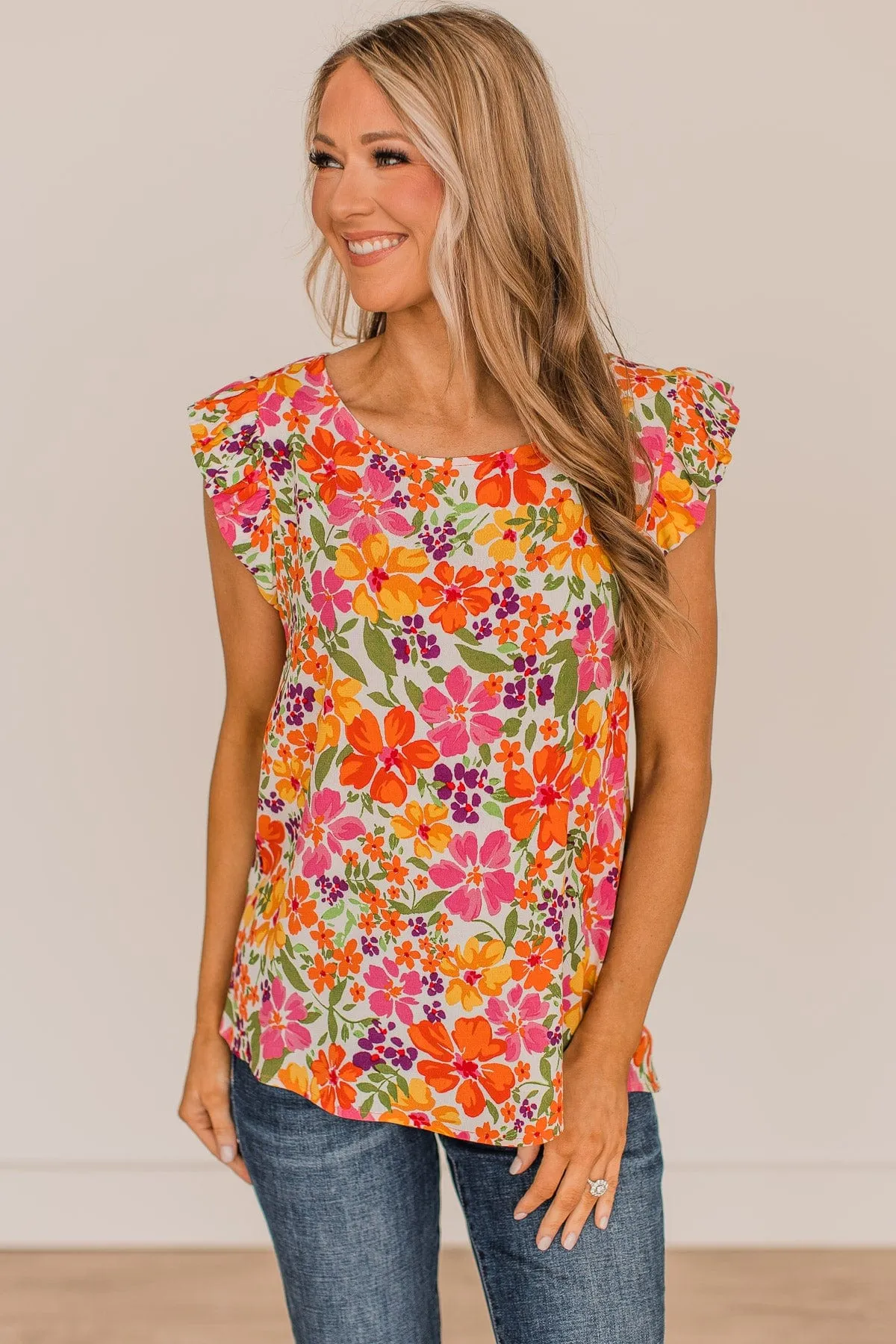 No Comparison Floral Top- Ivory, Pink, & Orange