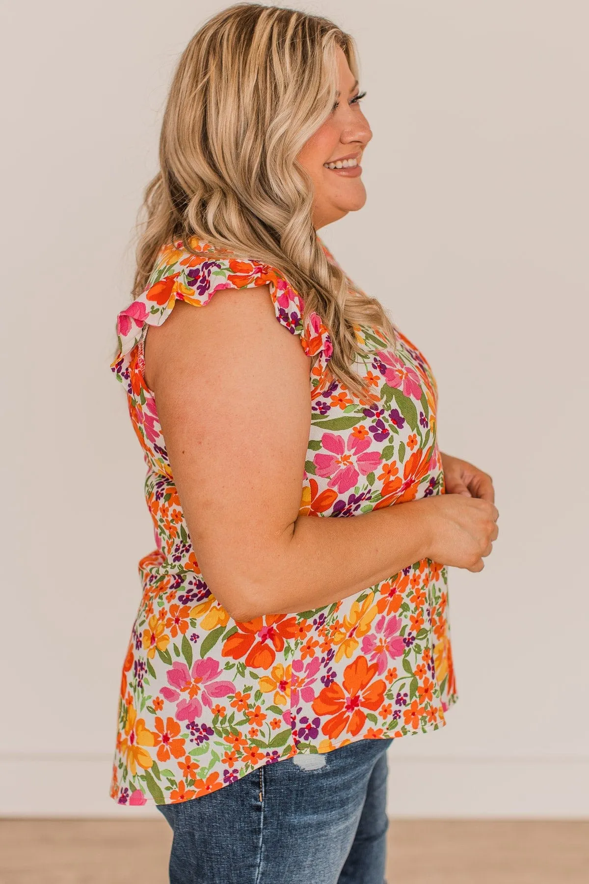 No Comparison Floral Top- Ivory, Pink, & Orange