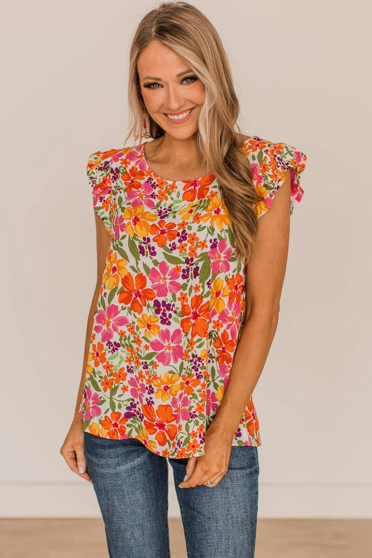 No Comparison Floral Top- Ivory, Pink, & Orange