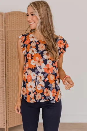 No Comparison Floral Top- Navy & Orange