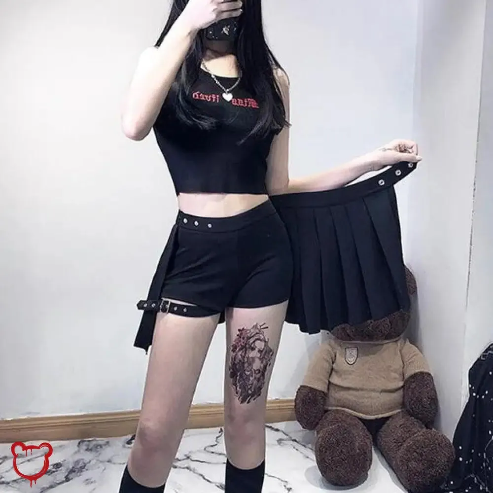 Omen' Black Gothic Pleated Skirt with Shorts