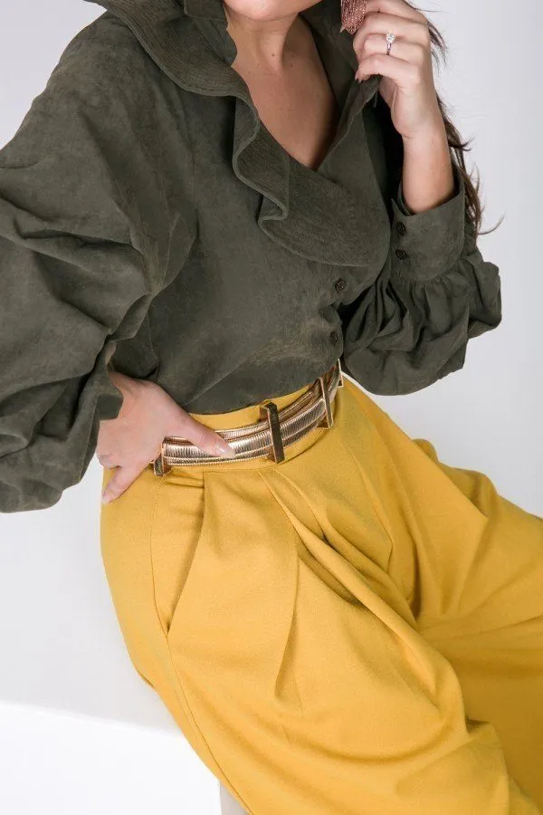 One Side Ruffle Neck Gather Puff Sleeve Button Down Blouse