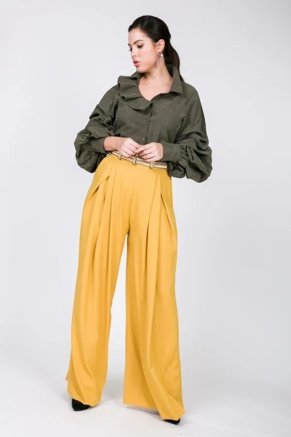 One Side Ruffle Neck Gather Puff Sleeve Button Down Blouse