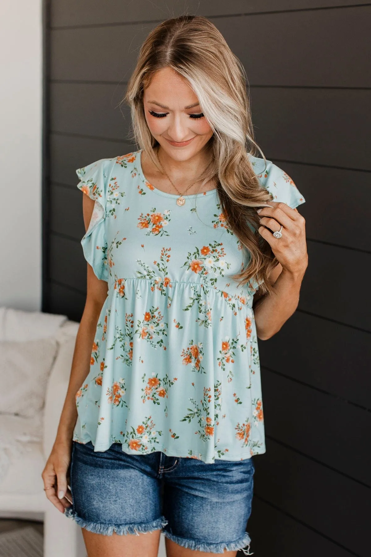 Open Skies Floral Babydoll Top- Light Blue