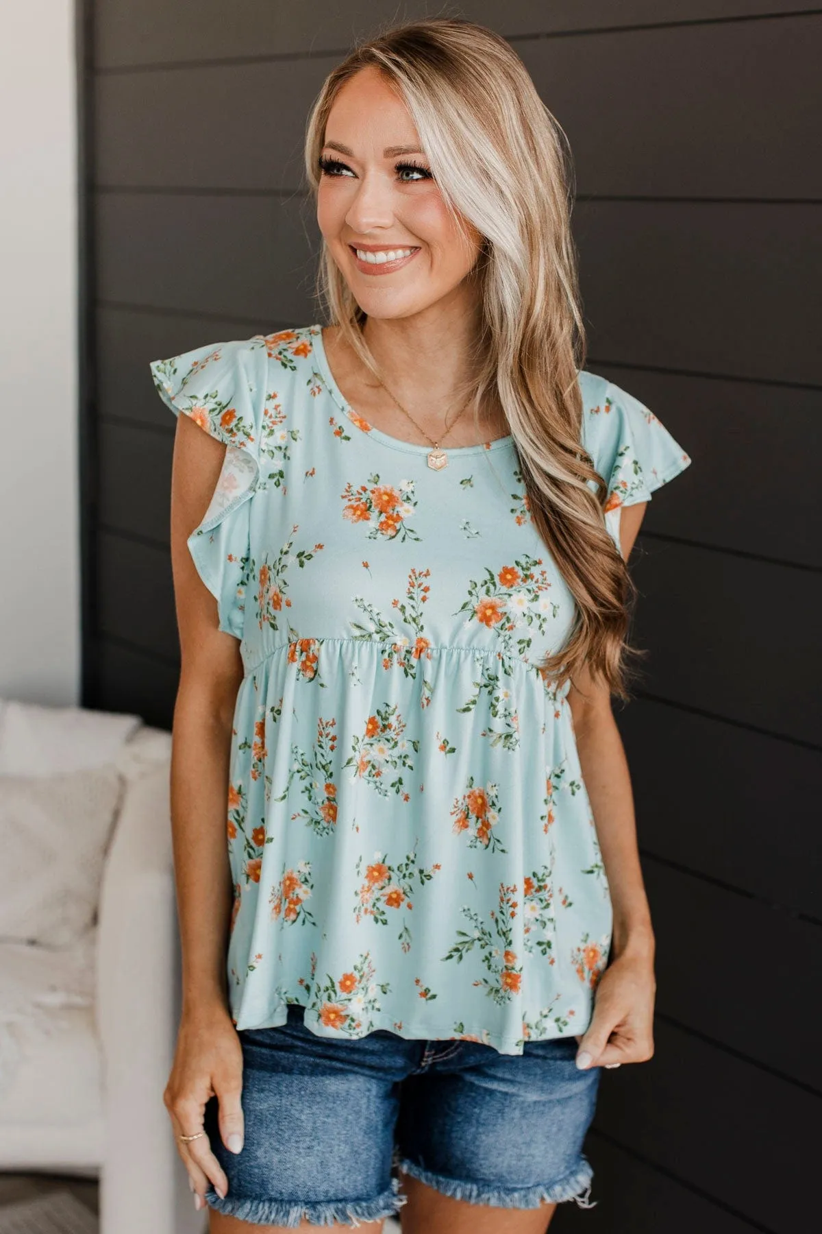 Open Skies Floral Babydoll Top- Light Blue