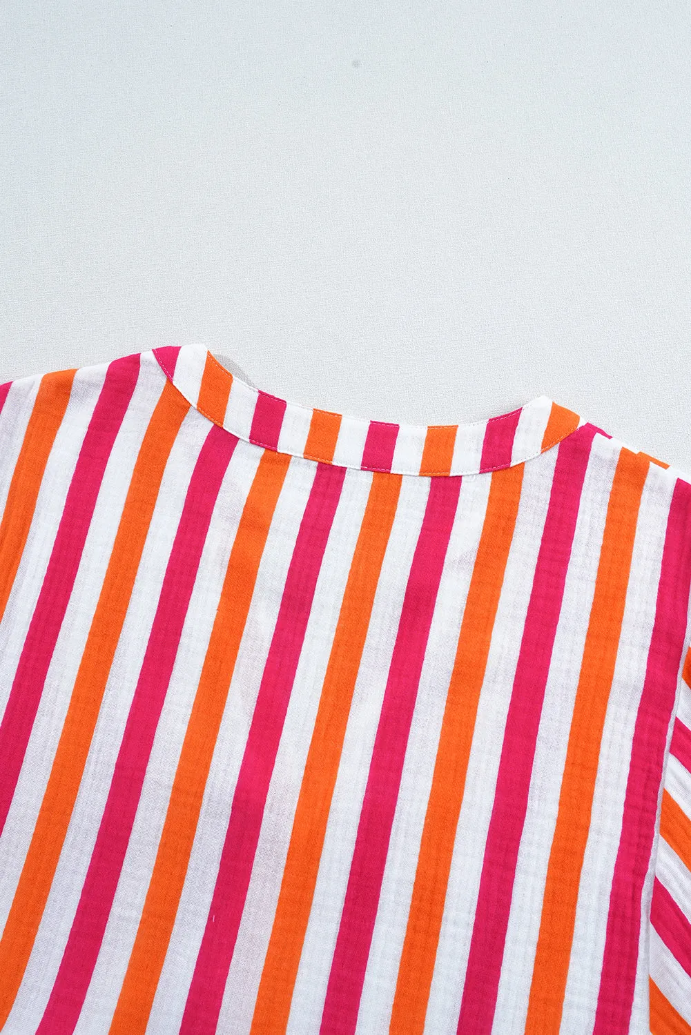 Orange Stripe Balloon Sleeve Notched V Neck Buttoned Front Blouse
